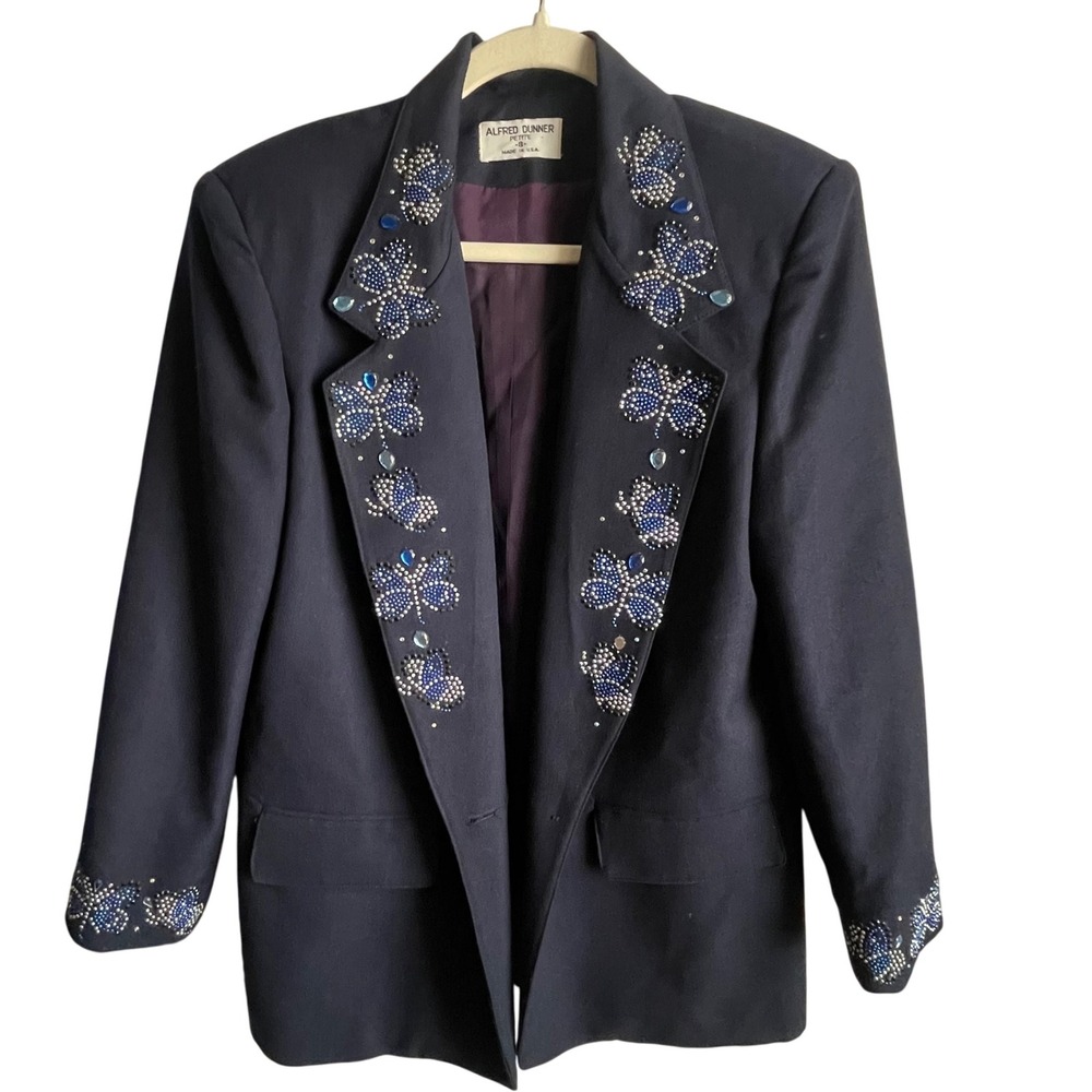 Alfred Dunner Made in USA‎ Navy Embellished Blazer Rhinestone Holiday Jacket 8P